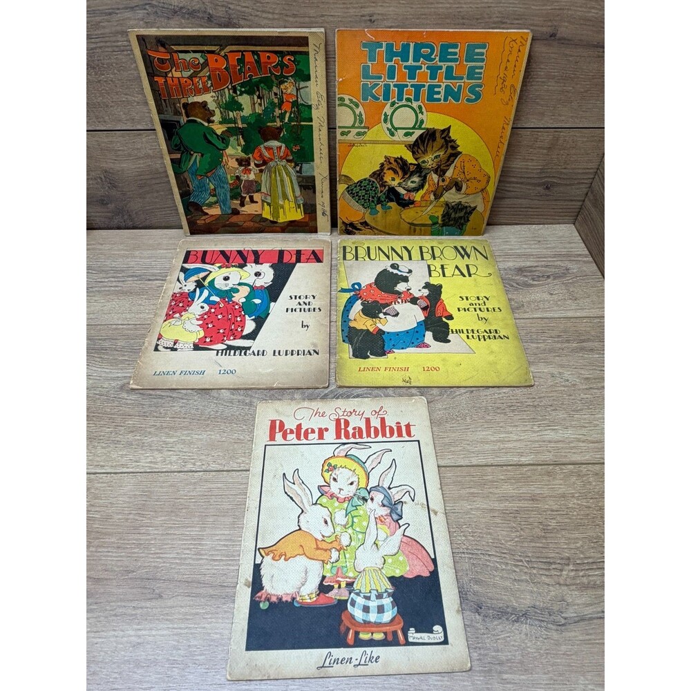 1930's Linen Finish Soft Cover Picture Books McLoughlin Bros. Brunny Brown Bear